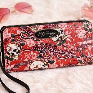 Ed Hardy Red Skull Rose Zip Around Wallet